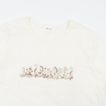 Damart Womens White Cotton Basic T-Shirt Size L Scoop Neck - Flowers