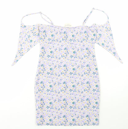 Kiss the Sky Womens Purple Floral Polyester Bodycon Size L Square Neck Pullover