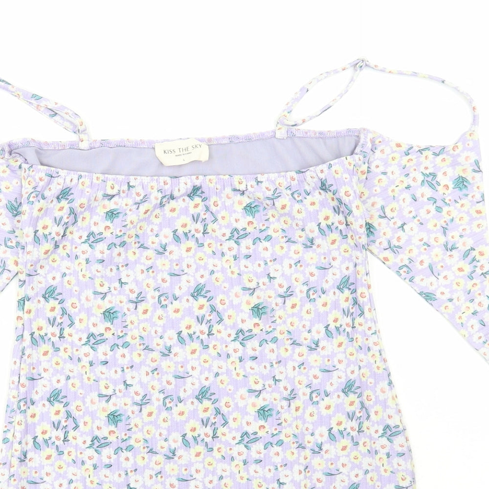 Kiss the Sky Womens Purple Floral Polyester Bodycon Size L Square Neck Pullover