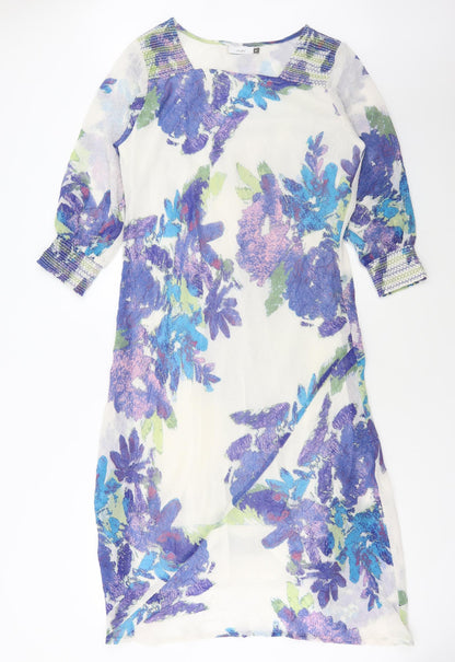 Adini Womens White Floral Polyester A-Line Size M Square Neck Pullover
