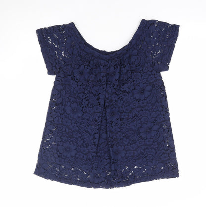 Peacocks Womens Blue Floral Nylon Jersey Blouse Size 10 Off the Shoulder - Bardot