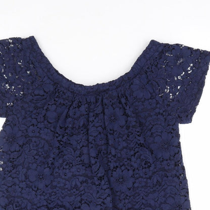 Peacocks Womens Blue Floral Nylon Jersey Blouse Size 10 Off the Shoulder - Bardot