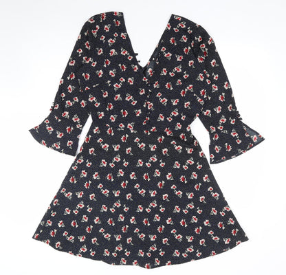 Influence Womens Black Floral Polyester A-Line Size 8 V-Neck Zip