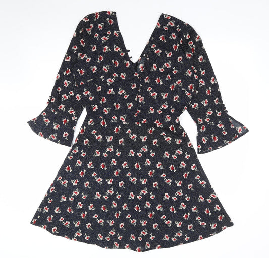 Influence Womens Black Floral Polyester A-Line Size 8 V-Neck Zip