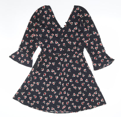 Influence Womens Black Floral Polyester A-Line Size 8 V-Neck Zip
