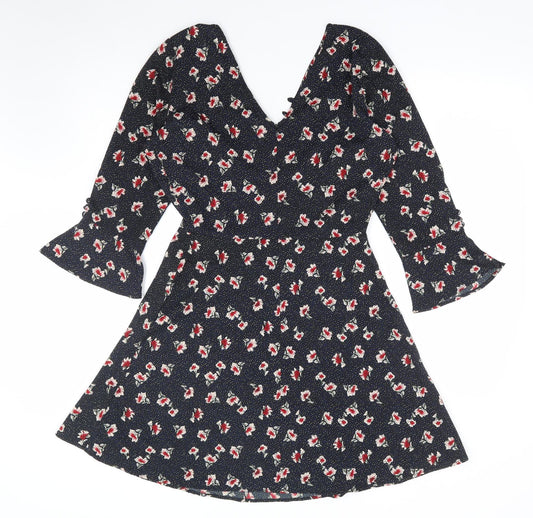 Influence Womens Black Floral Polyester A-Line Size 8 V-Neck Zip