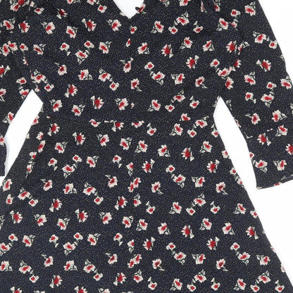 Influence Womens Black Floral Polyester A-Line Size 8 V-Neck Zip