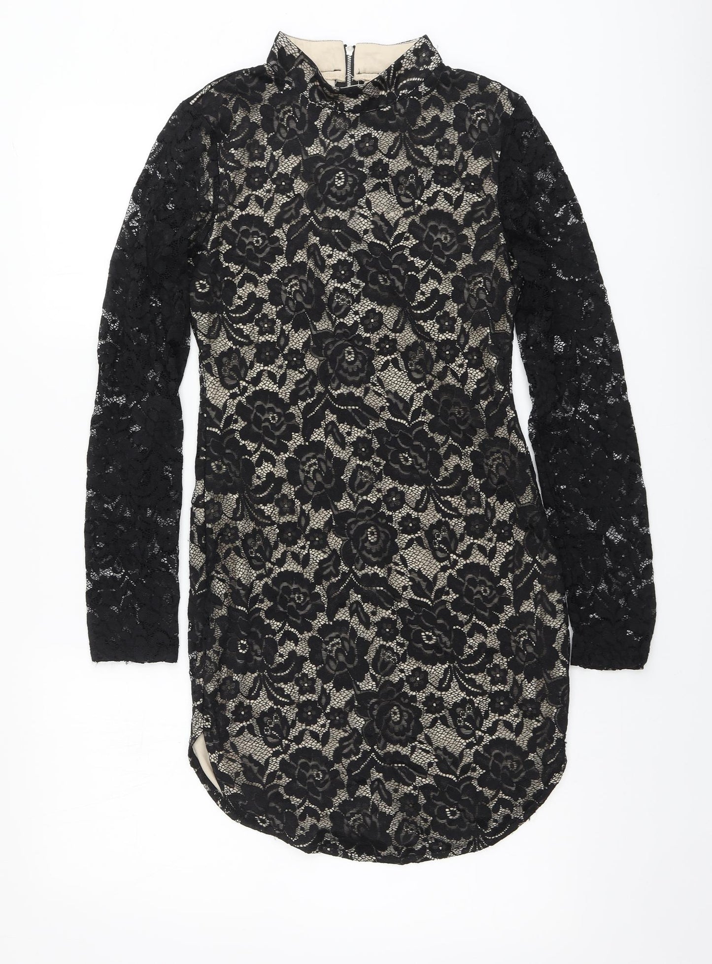 AX Womens Black Floral Polyester Bodycon Size 10 High Neck - Dipped Hem