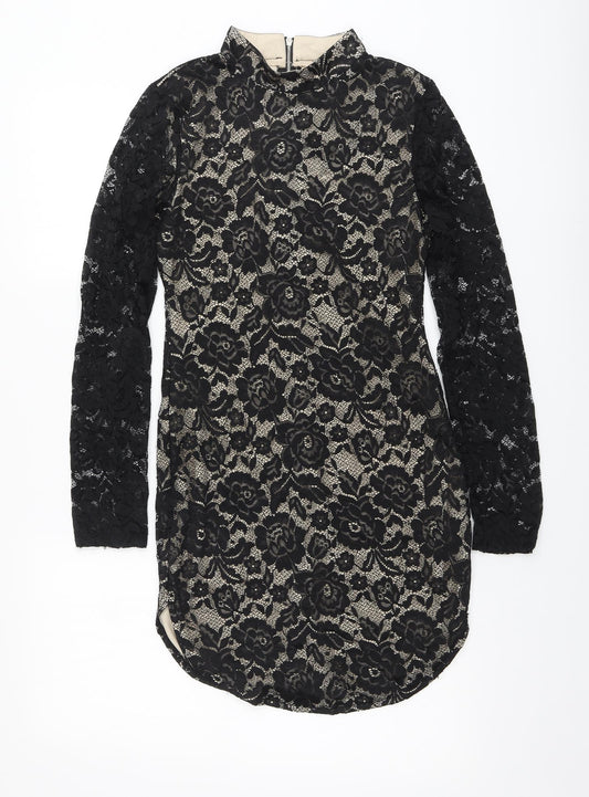 AX Womens Black Floral Polyester Bodycon Size 10 High Neck - Dipped Hem