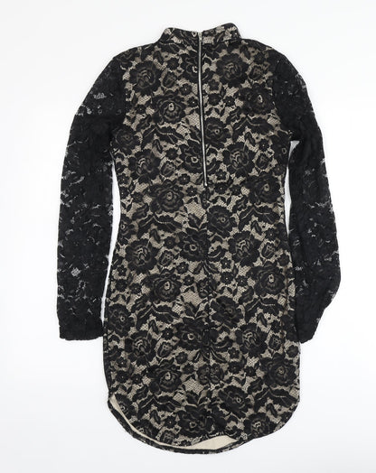 AX Womens Black Floral Polyester Bodycon Size 10 High Neck - Dipped Hem