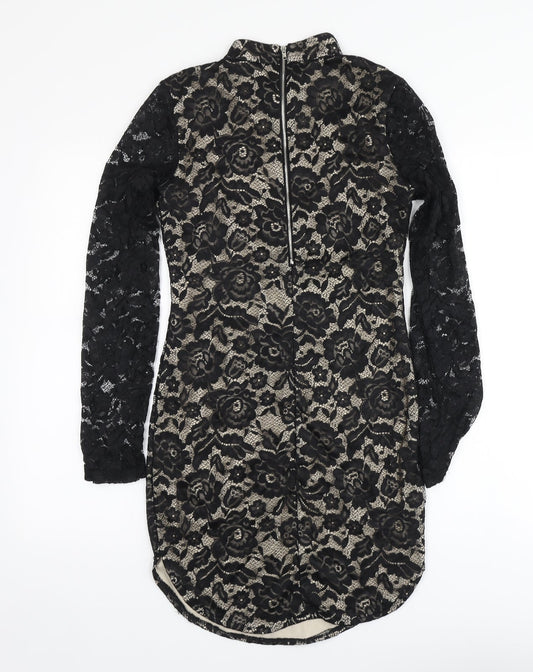 AX Womens Black Floral Polyester Bodycon Size 10 High Neck - Dipped Hem