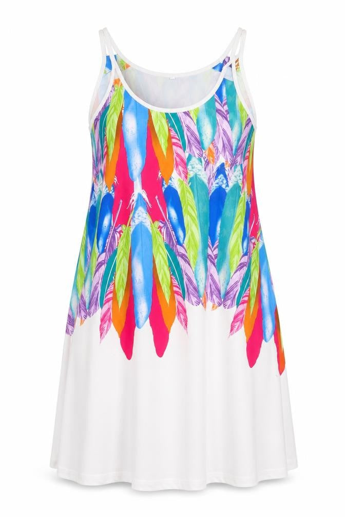 Preworn Womens Multicoloured Geometric Polyester Tank Dress Size S Scoop Neck Pullover - Feather Print