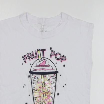 Clothing Co Girls White Cotton Basic Tank Size 12 Years Round Neck Pullover - Fruit Pop