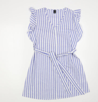 SheIn Womens Blue Striped Cotton A-Line Size S V-Neck Pullover