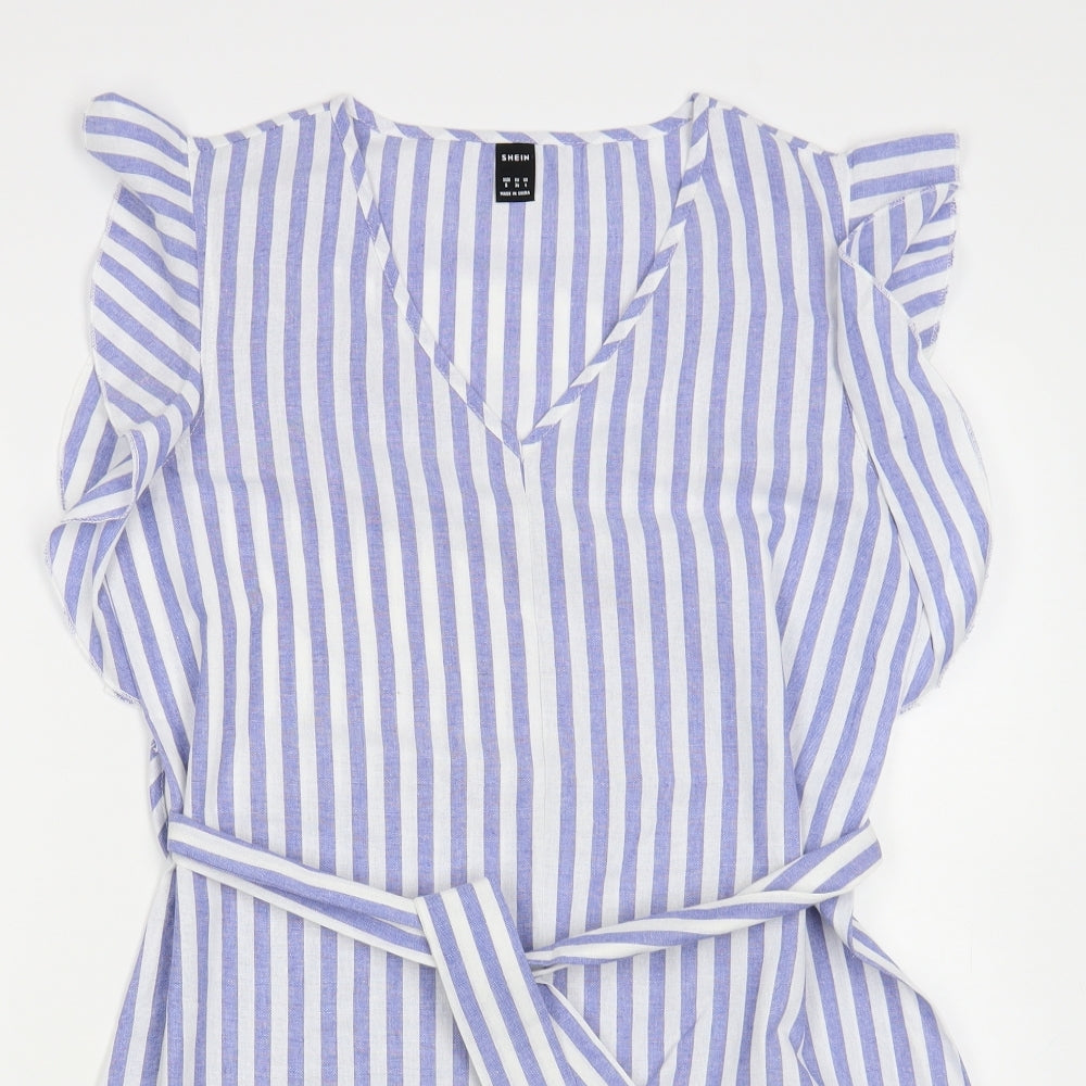 SheIn Womens Blue Striped Cotton A-Line Size S V-Neck Pullover