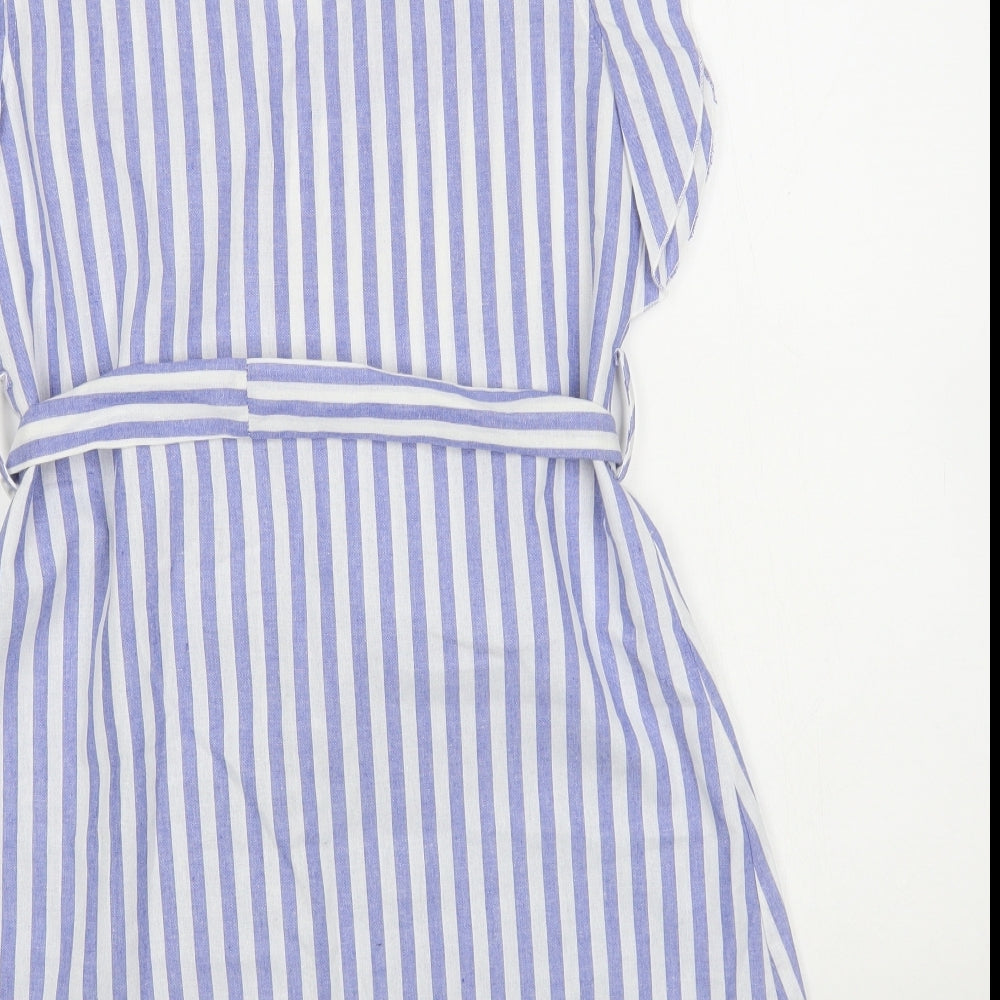 SheIn Womens Blue Striped Cotton A-Line Size S V-Neck Pullover