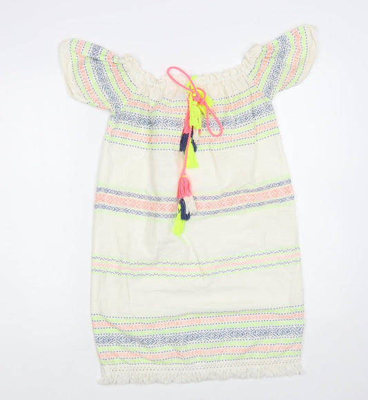 Primark Womens Ivory Striped Cotton Tunic Blouse Size 4 Off the Shoulder