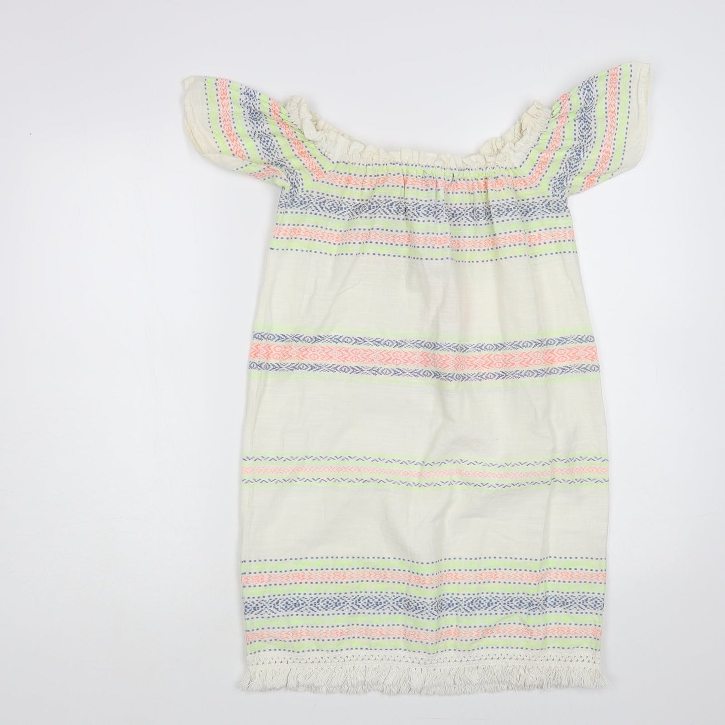 Primark Womens Ivory Striped Cotton Tunic Blouse Size 4 Off the Shoulder