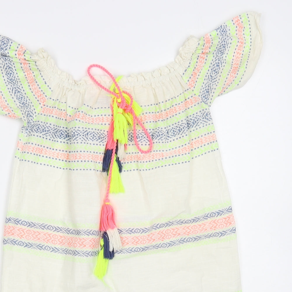 Primark Womens Ivory Striped Cotton Tunic Blouse Size 4 Off the Shoulder