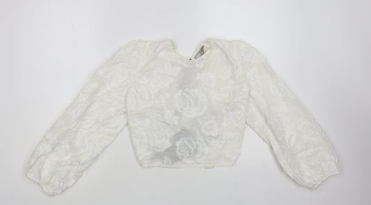 ASOS Womens White Floral Cotton Cropped Blouse Size 10 Round Neck - Corset Back