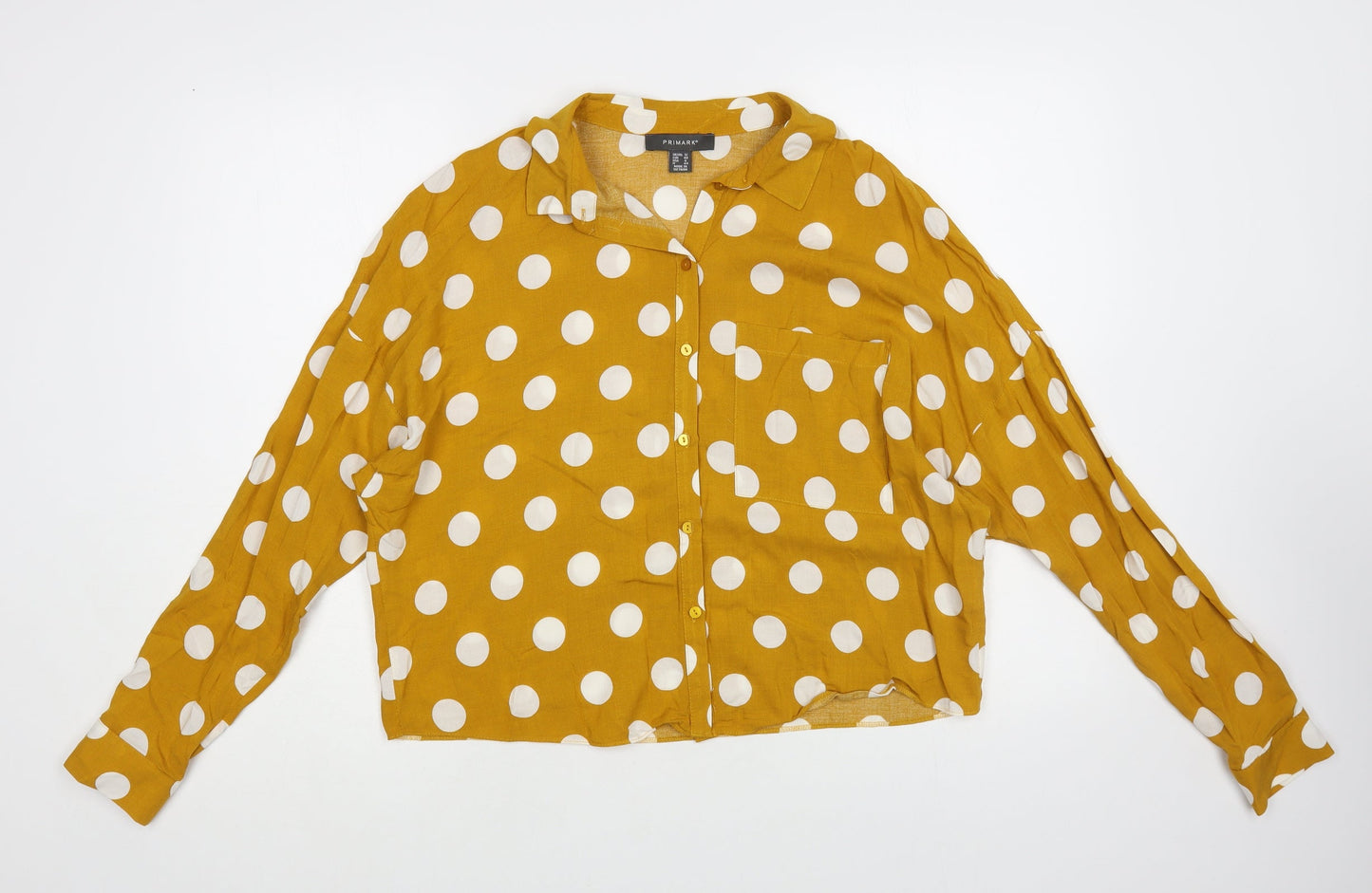 Primark Womens Yellow Polka Dot Viscose Basic Button-Up Size 12 Collared