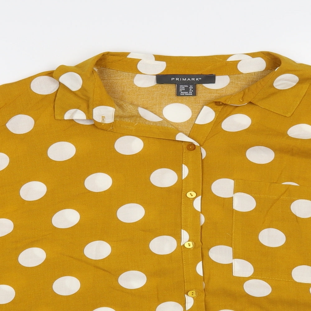 Primark Womens Yellow Polka Dot Viscose Basic Button-Up Size 12 Collared