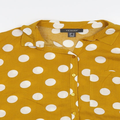 Primark Womens Yellow Polka Dot Viscose Basic Button-Up Size 12 Collared