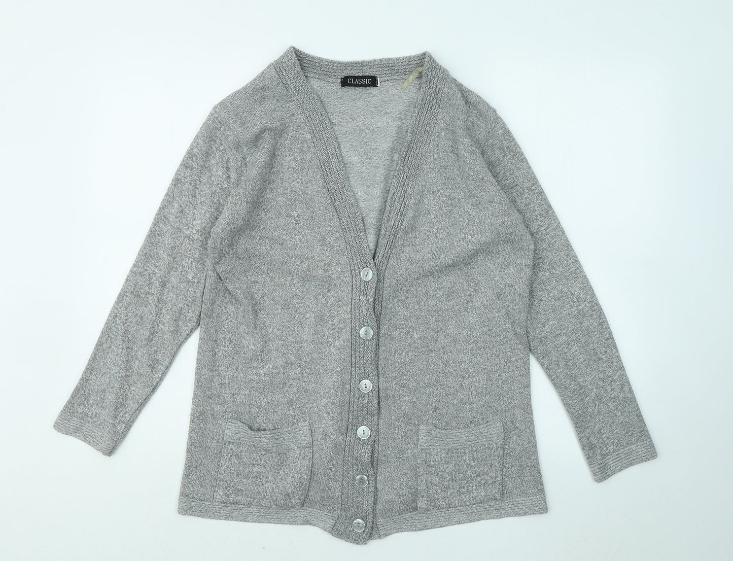Classic Womens Grey V-Neck Acrylic Cardigan Jumper Size S