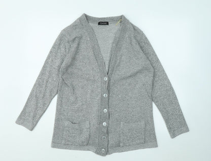Classic Womens Grey V-Neck Acrylic Cardigan Jumper Size S