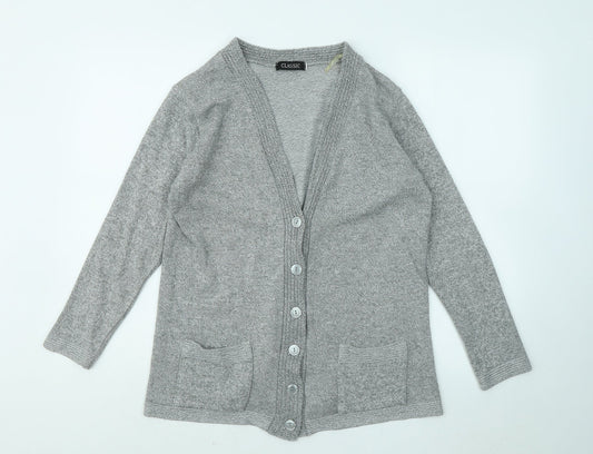 Classic Womens Grey V-Neck Acrylic Cardigan Jumper Size S