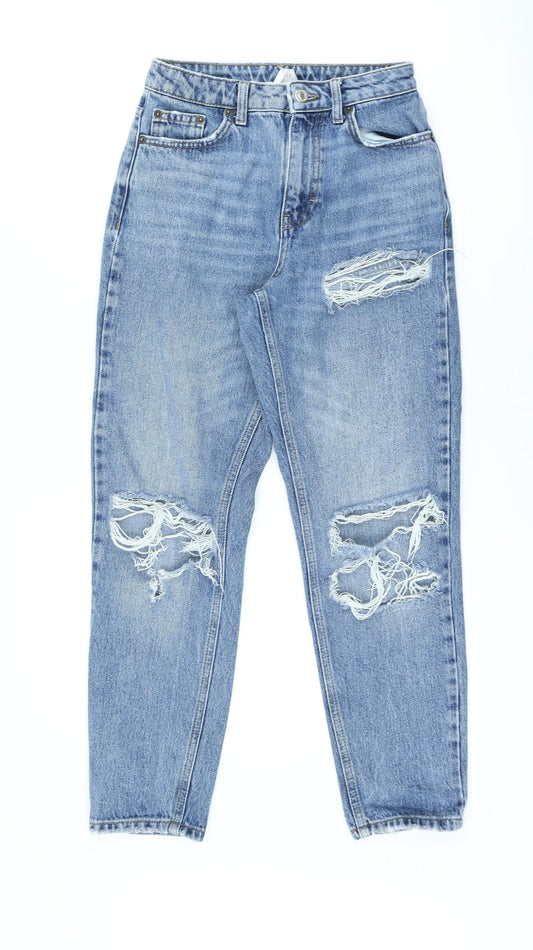 Topshop Womens Blue Cotton Mom Jeans Size 25 in L25 in Regular Button - Ripped