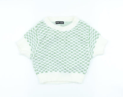 SheIn Womens Ivory High Neck Check Acrylic Pullover Jumper Size M - Cropped