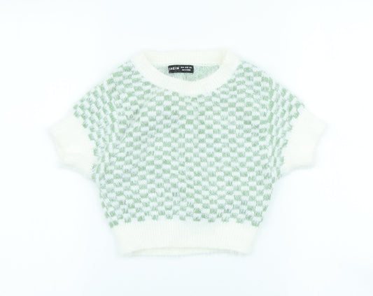 SheIn Womens Ivory High Neck Check Acrylic Pullover Jumper Size M - Cropped