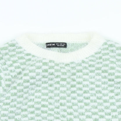 SheIn Womens Ivory High Neck Check Acrylic Pullover Jumper Size M - Cropped