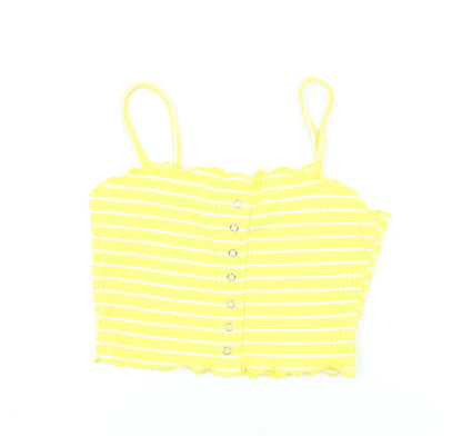 Primark Womens Yellow Striped Polyester Cropped T-Shirt Size S Square Neck - Scalloped Edging