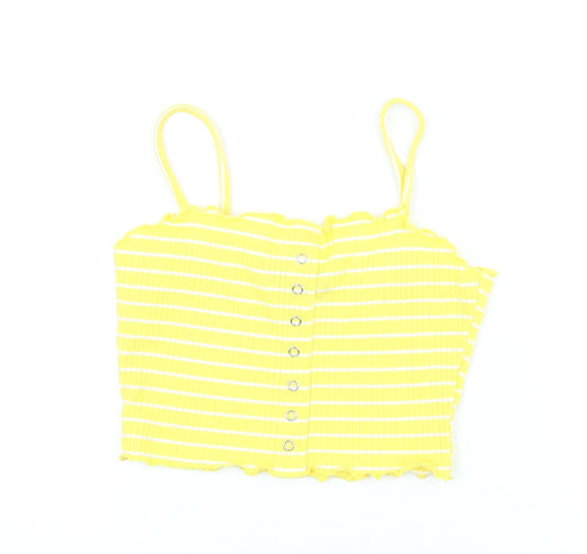 Primark Womens Yellow Striped Polyester Cropped T-Shirt Size S Square Neck - Scalloped Edging