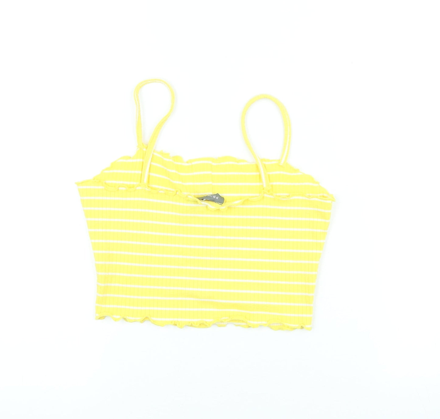 Primark Womens Yellow Striped Polyester Cropped T-Shirt Size S Square Neck - Scalloped Edging
