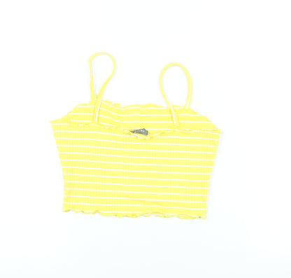 Primark Womens Yellow Striped Polyester Cropped T-Shirt Size S Square Neck - Scalloped Edging