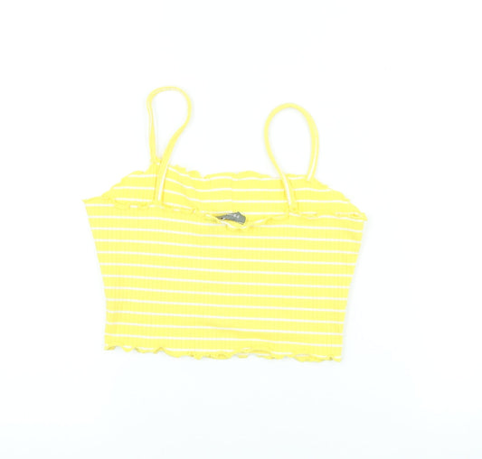 Primark Womens Yellow Striped Polyester Cropped T-Shirt Size S Square Neck - Scalloped Edging