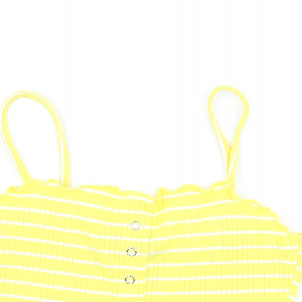 Primark Womens Yellow Striped Polyester Cropped T-Shirt Size S Square Neck - Scalloped Edging