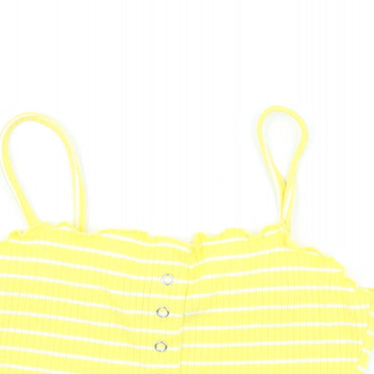 Primark Womens Yellow Striped Polyester Cropped T-Shirt Size S Square Neck - Scalloped Edging