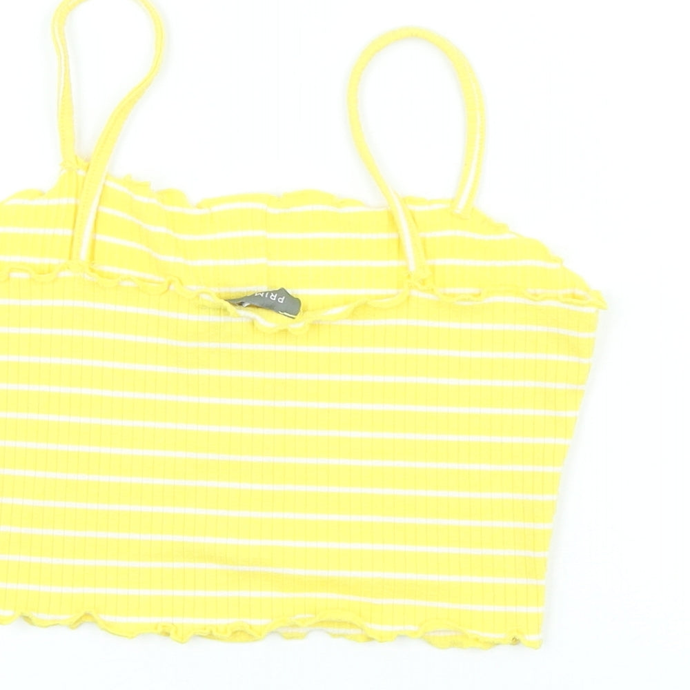 Primark Womens Yellow Striped Polyester Cropped T-Shirt Size S Square Neck - Scalloped Edging