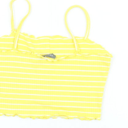 Primark Womens Yellow Striped Polyester Cropped T-Shirt Size S Square Neck - Scalloped Edging