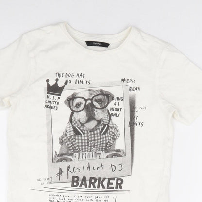 George Boys Ivory 100% Cotton Basic T-Shirt Size 7-8 Years Crew Neck Pullover - Dog
