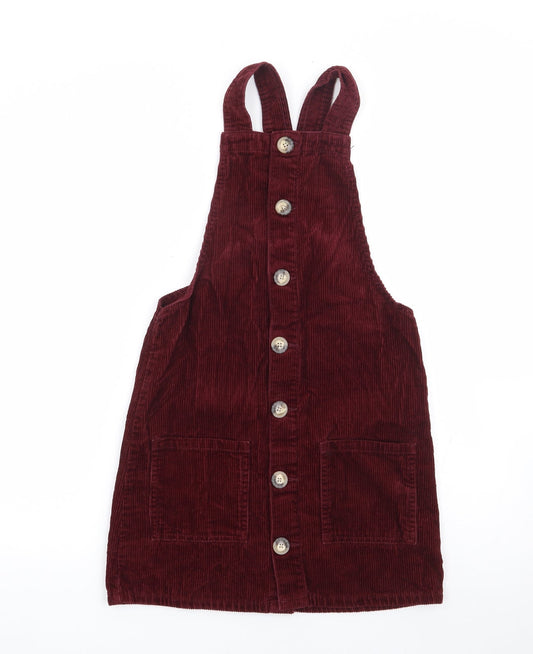 Primark Womens Red 100% Cotton Pinafore/Dungaree Dress Size 4 Square Neck Button