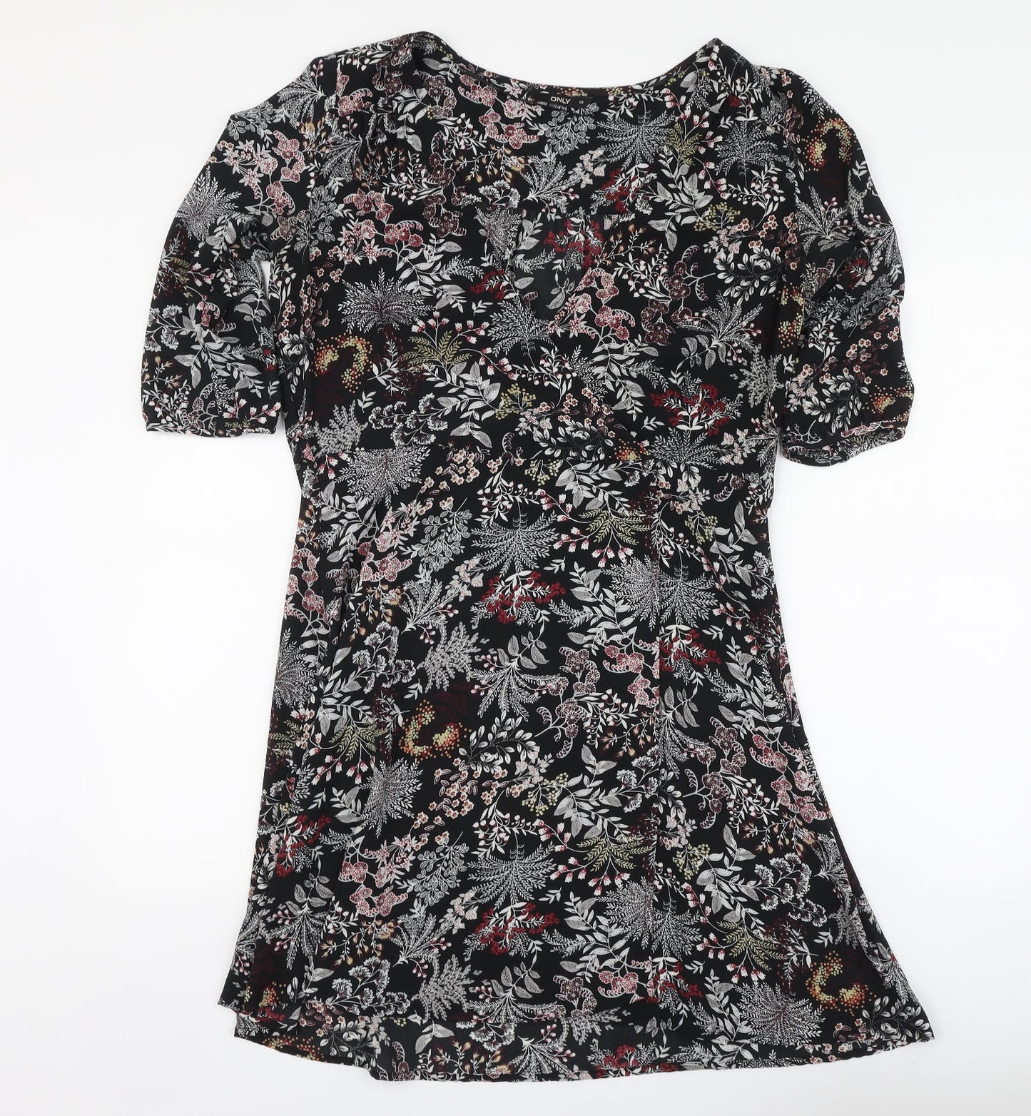 Only Womens Black Floral Polyester A-Line Size 10 V-Neck