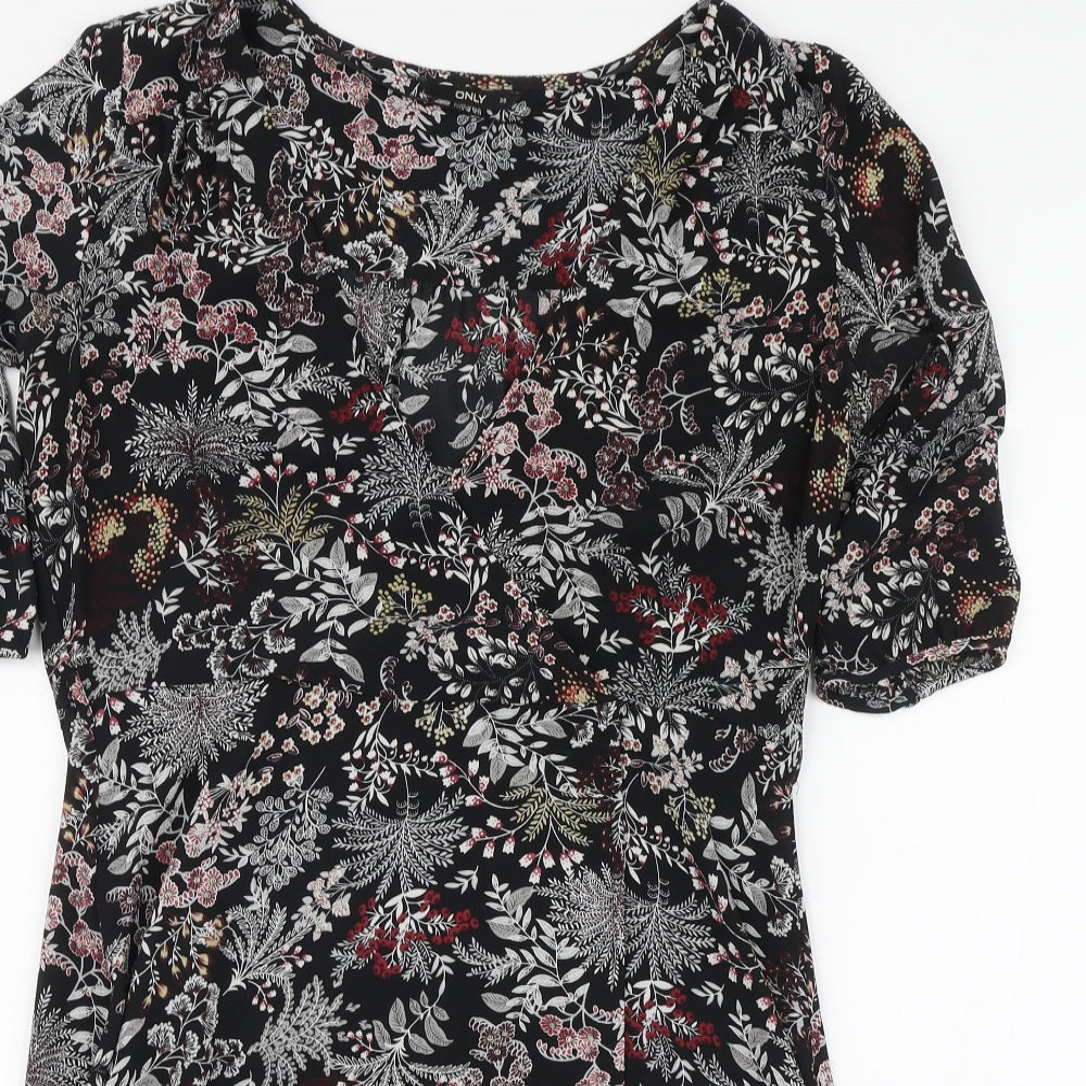 Only Womens Black Floral Polyester A-Line Size 10 V-Neck