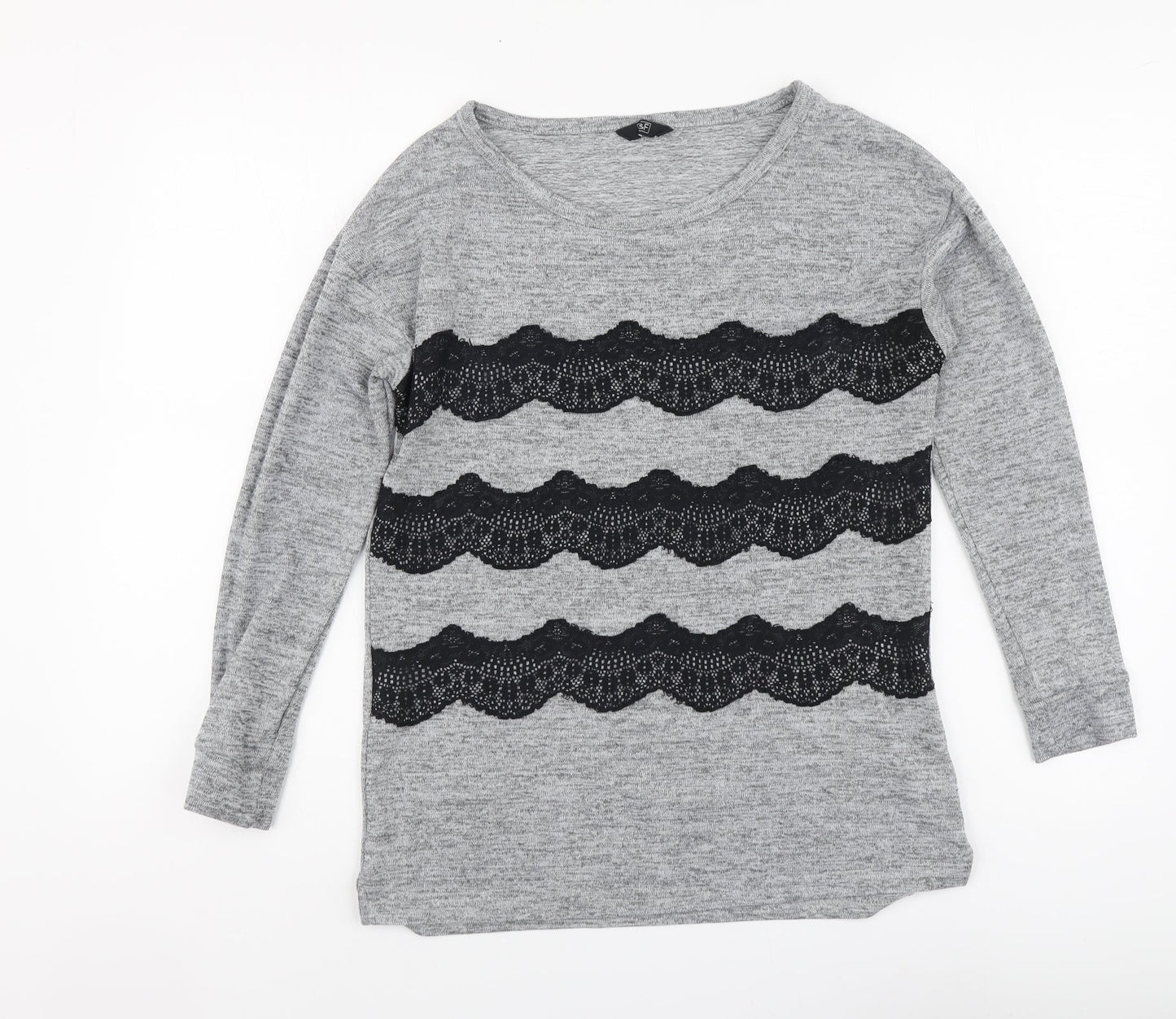 F&F Womens Grey Polyester Basic Blouse Size 8 Round Neck - Lace Detail