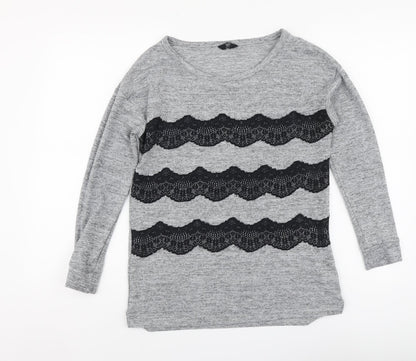 F&F Womens Grey Polyester Basic Blouse Size 8 Round Neck - Lace Detail