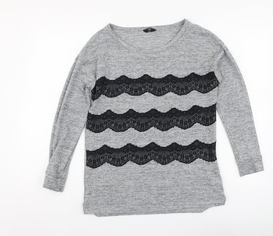 F&F Womens Grey Polyester Basic Blouse Size 8 Round Neck - Lace Detail